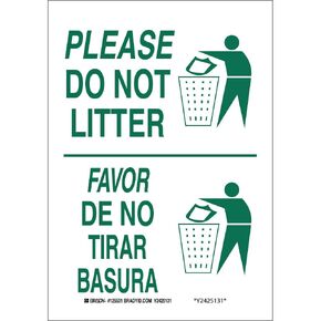 لافتة Brady 125530 ثنائية اللغة، أسطورة "Please Do Not Litter/Favor De No Tirar Basura"، ارتفاع 25.4 سم، عرض 17.78 سم، أخضر على أبيض