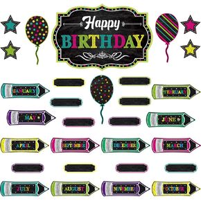 Classroom Birthday Board Chart, Classroom Board Poster Classroom Labels Birthday Bulletin Board Set, Our Class Birthdays Bulletin Board, Chalkboard Brights Calendar Bulletin Board for School, 60 Pcs