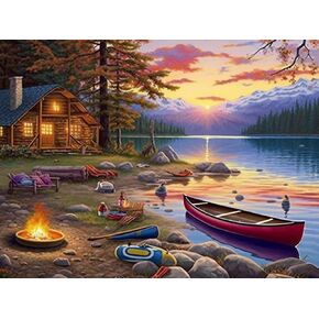 SKRYUIE 5D Sunset Lake Cabin Boat Diamond Painting Kits - DIY Diamond Art Kits for Adults Landscape, Full Round Drill - Crystal Cross Stitch - Adults Craft for Wall & Office Decor - 12x16 inch