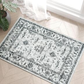 jinchan Area Rug 2'x3' Entryway Rug Washable Rug Indoor Doormat Vintage Floral Print Rug Kitchen Rug Oriental Small Rug Classic Boho Rug Non Slip Retro Carpet for Bedroom Bathroom Decor 2x3ft Grey