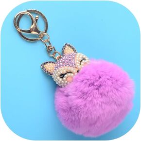 Fox Keychain,Rabbit Fur Ball Pom Pom Crystal Keychain,Diamond Keychain,Rhinestone Car Keychains for Women