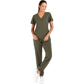 Minty Mint Women's Easy Wear Fit Lightweight Durable Solid Stretch Medical Uniform Scrub Set V Neck Top Cargo Tapered Jogger Pants Work Dentist Medical Doctor Nurse Veterinarian Olive S
