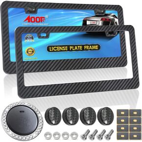 Aootf Carbon Fiber License Plate Frames, Plastic Black Car Tag Number Plate Holder for Men Women, 2 Pack 2 Holes Front Rear Covers with Screws Caps