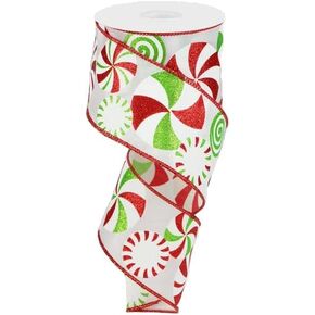 Bold Peppermint Candy Satin Wired Christmas Ribbon, 2.5" x 10 Yards (White, Lime, Red)