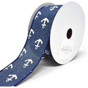 Homeford Nautical White Anchor Canvas Wired Ribbon, Dark Jean, 1-1/2-Inch, 10-Yard