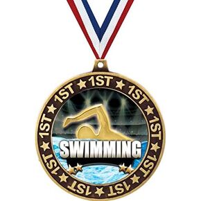 Swim 1st Place Perimeter Medal Gold, 2.75" Swimming Prizes, Kids Swimmer Trophy Medal Awards Prime