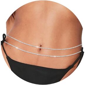 14K Gold Waist Chain for Women, 2PCS Adjustable Pearl Beads Belly Chain, Sexy Layered Rhinestone Summer Beach Bikini Body Jewelry Chain 25-36Inch
