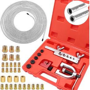 Tnisesm 1/4 Copper Coated Brake Line Kit 25 ft + Copper Aluminum Brake Line Double & Single Flaring Tool Kit,Consisting of 4 Unions Brake Line Fittings and 16 Fittings,45 Degrees, Red