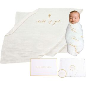 XLarge 55 x 39 100% Organic Cotton Swaddle Baby Blanket-'Child of god' with Gift Box & Gift Tag for Baptism Blanket,New mom,Christening Gift, boy or Girl, Godson, Goddaughter-Super Soft, Breathable