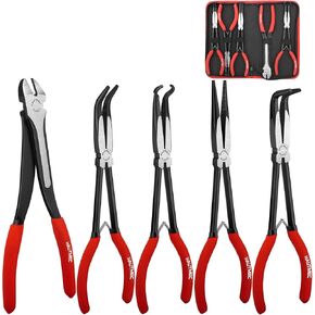 HAUTMEC 5Pcs 11Inch Heavy Duty Long Reach Pliers Set, Spring Loaded, Including Diagonal Cutting Pliers, Hose Gripping Pliers, Straight and 45/90 Degree Bent Long Nose Pliers HT0316