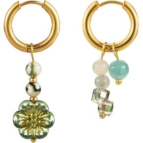 Trendy Small Huggie Hoop Earrings for Women, Stainless Steel Handmade Asymmetrical Earrings, Flower Natural Stone Beaded Bar Dangle Hoop Earrings