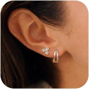 Gold Hoop Earrings for Women Trendy Dainty 14K Gold Plated Small Huggie Earrings Set Cute CZ Flat Back Stud Earring Hypoallergenic Lightweight Mini Hoops Earring Jewelry for Women