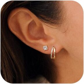 Gold Hoop Earrings for Women Trendy Dainty 14K Gold Plated Small Huggie Earrings Set Cute CZ Flat Back Stud Earring Hypoallergenic Lightweight Mini Hoops Earring Jewelry for Women