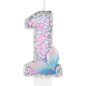 Pulper Mermaid Sequins Shell Birthday Candles,Mermaid Birthday Candles,Happy 1st Birthday Candles for Girls Cake,Mermaid Themed Birthday Cake Topper Anniversary Party Decorations