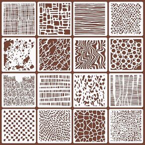 16 Pcs Layering Stencils for Painting, 6"x6" Mixed Texture Bubble Dot Waves Stone Crackle Splatter Geometric Stencils for Painting on Card Canvas, Mix Media Spray Paint Stencils