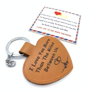 Long Distance Relationship Leather Keychain Gifts for Girlfriend,Wife,Best Friend - I Love You More Than The Miles Between Us From Boyfriend,Friend,Husband,Gag Gift for Brithday Anniversary Fatherday