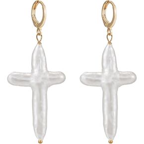 Nature Pearl Cross Earrings Freshwater Cross Pearl earrings Baroque Pearl Dangle Earrings Chunky Cross Earrings Statement Earrings Religious Jewelry