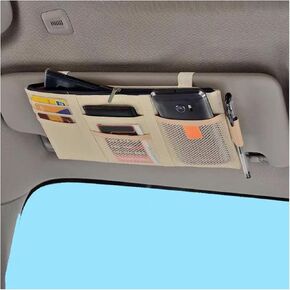2 PCS Car Sun Visor Organizer, Auto Interior Visor Storage Pocket Pouch Holder with Zipper, Multi-Pocket Net Personal Belonging Pocket, Universal Car Accessories for Card, Document (Beige)