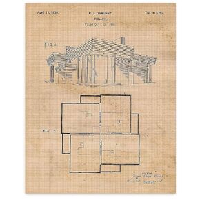 Vintage Frank L Wright House Design Patent Prints, 1 (11x14) Unframed Photos, Wall Art Decor Gifts Under 20 for Home Office Garage Man Cave Engineer College Student Teacher Architect Construction Fans