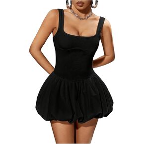 MakeMeChic Women's Square Neck Ruffle Hem Tank Dress Sleeveless Flare Slim Fitted Summer Short Dress