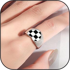 Checkered Ring for Women Black and White Checkered Ring Chunky Silver Rings Heart Checkerboard Bands Statement Finger Ring