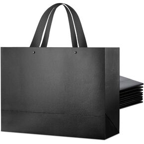 PACKHOME 10 Large Gift Bags 14.5x5x10.5 Inches, Black Premium Gift Bags with Handles for Gift Giving (Glossy Black with Grass Texture)