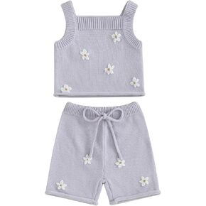 BULINGNA Toddler Baby Girl Summer Clothes Knitted Sleeveless Tank Tops Floral Embroidery Shorts 2Pcs Baby Knit Outfits