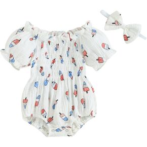 Baby Girl 4th of July Outfit Floral American Flag Onesie Smocked Romper Bodysuit+Headband Memorial Day Clothes