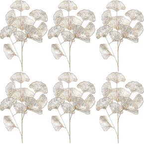 Firlar 6 Pack 26.8 Inch Artificial Ginkgo Leaves Branches, Plastic Ginkgo Picks Fake Golden Ginkgo Leaves Stem Simulation Plant Bushes for DIY Craft Table Centerpiece Home Party Wedding Decor