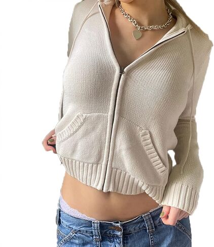 Women Zip Up Knit Cropped Hoodie Y2K Long Sleeve Hooded Cardigan Trendy Autumn Winter Sweater Jacket Sweatshirt in Saudi Arabia