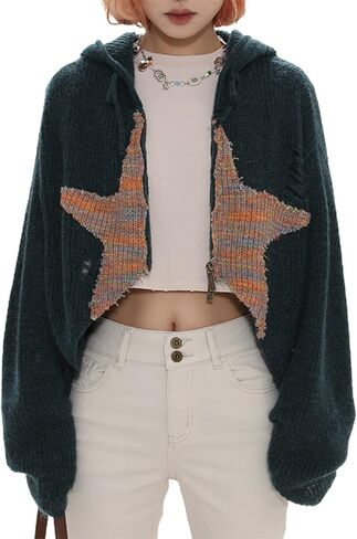 Women Zip Up Knit Cropped Hoodie Y2K Long Sleeve Hooded Cardigan Trendy Autumn Winter Sweater Jacket Sweatshirt in Saudi Arabia