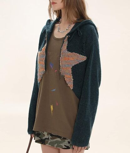 Women Zip Up Knit Cropped Hoodie Y2K Long Sleeve Hooded Cardigan Trendy Autumn Winter Sweater Jacket Sweatshirt in Saudi Arabia