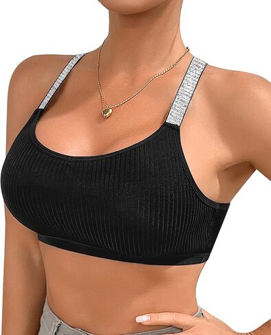 ASIMOON المرأة مغرفة الرقبة المحاصيل الأعلى Racerback العصرية مضلع محبوك المحاصيل الأعلى بلا أكمام قطع علوية بدون أكمام أسود Bralette in Kuwait
