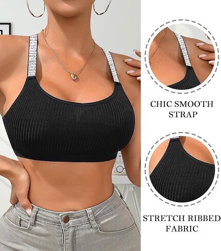 ASIMOON المرأة مغرفة الرقبة المحاصيل الأعلى Racerback العصرية مضلع محبوك المحاصيل الأعلى بلا أكمام قطع علوية بدون أكمام أسود Bralette in Kuwait