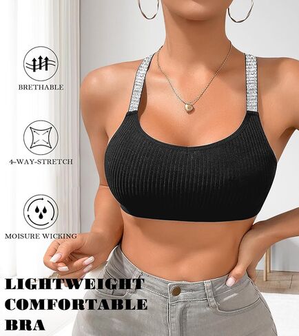 ASIMOON المرأة مغرفة الرقبة المحاصيل الأعلى Racerback العصرية مضلع محبوك المحاصيل الأعلى بلا أكمام قطع علوية بدون أكمام أسود Bralette in Kuwait