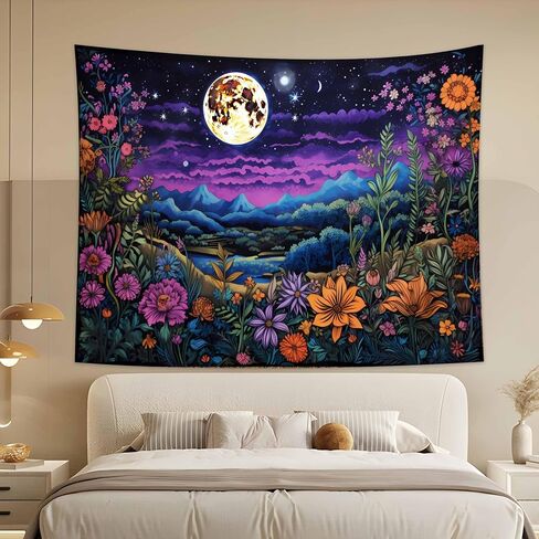 MeguMoon Floral Tapestry Moon Art Tapestry, Fantasy Mountain Forest Tapestry, Bohemian Nature Scenery Flowers Wall Hanging Decoration Purple Art Tapestry(60 * 40in) in Saudi Arabia