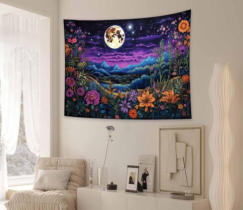 MeguMoon Floral Tapestry Moon Art Tapestry, Fantasy Mountain Forest Tapestry, Bohemian Nature Scenery Flowers Wall Hanging Decoration Purple Art Tapestry(60 * 40in) in Saudi Arabia