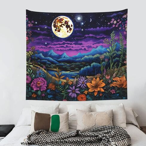 MeguMoon Floral Tapestry Moon Art Tapestry, Fantasy Mountain Forest Tapestry, Bohemian Nature Scenery Flowers Wall Hanging Decoration Purple Art Tapestry(60 * 40in) in Saudi Arabia