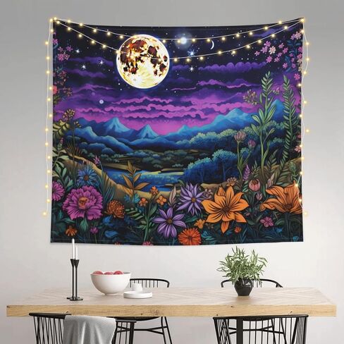 MeguMoon Floral Tapestry Moon Art Tapestry, Fantasy Mountain Forest Tapestry, Bohemian Nature Scenery Flowers Wall Hanging Decoration Purple Art Tapestry(60 * 40in) in Saudi Arabia