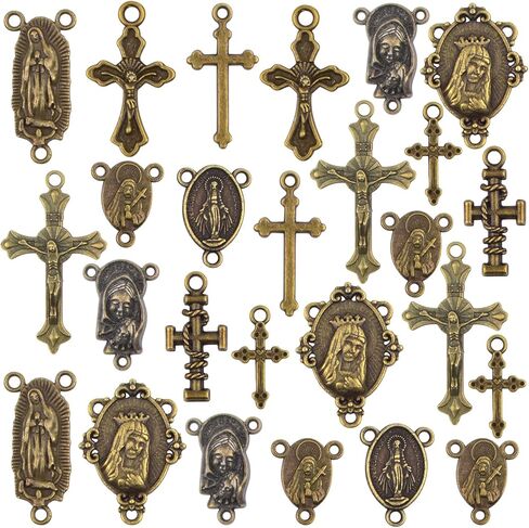 50pcs Antique Bronze Rosary Cross and Center Miraculous Medal Charms Tibetan Jesus Crucifix Pendants Virgin Mary Oval Chandelier Links for DIY Rosary Necklace Jewelry Making, 10 Styles in Saudi Arabia