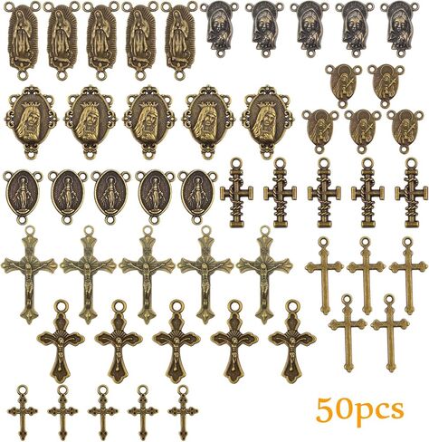 50pcs Antique Bronze Rosary Cross and Center Miraculous Medal Charms Tibetan Jesus Crucifix Pendants Virgin Mary Oval Chandelier Links for DIY Rosary Necklace Jewelry Making, 10 Styles in Saudi Arabia