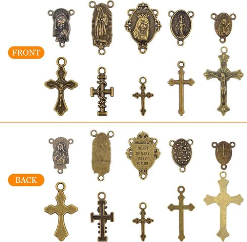 50pcs Antique Bronze Rosary Cross and Center Miraculous Medal Charms Tibetan Jesus Crucifix Pendants Virgin Mary Oval Chandelier Links for DIY Rosary Necklace Jewelry Making, 10 Styles in Saudi Arabia