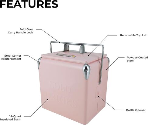 Permasteel 14-Quart Small Cooler Ice Chest | Retro Vintage Classic Style Hard Metal Cooler, PS-A205-14QT-PK, Beverage Cooler for Camping Beach Picnic, Pink in Saudi Arabia