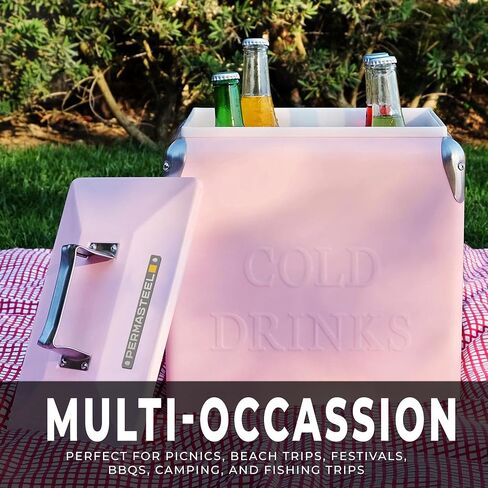 Permasteel 14-Quart Small Cooler Ice Chest | Retro Vintage Classic Style Hard Metal Cooler, PS-A205-14QT-PK, Beverage Cooler for Camping Beach Picnic, Pink in Saudi Arabia