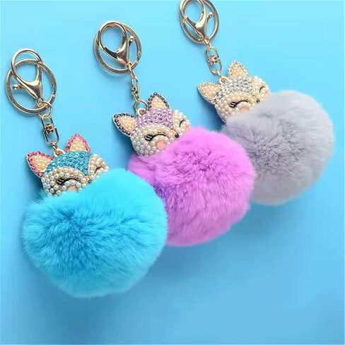 Fox Keychain,Rabbit Fur Ball Pom Pom Crystal Keychain,Diamond Keychain,Rhinestone Car Keychains for Women in Saudi Arabia