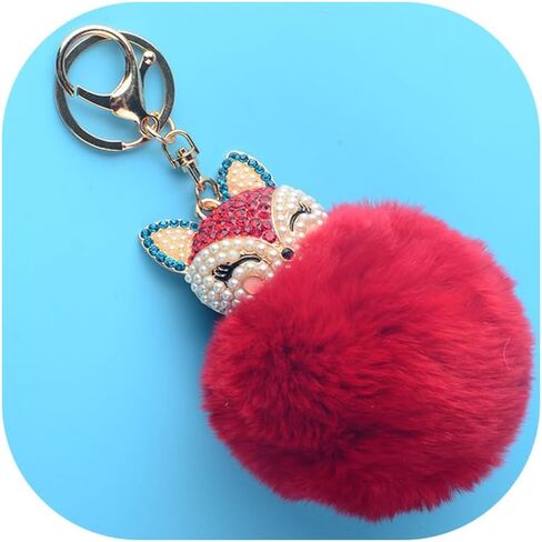Fox Keychain,Rabbit Fur Ball Pom Pom Crystal Keychain,Diamond Keychain,Rhinestone Car Keychains for Women in Saudi Arabia