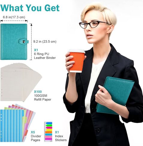 مجلة بيندر مقاس A5، دفتر ملاحظات للكتابة للأعمال مصنوع من الجلد مكون من 6 حلقات قابل لإعادة الملء، دفتر مذكرات بغلاف مقوى مع صفحة مقسمة وملصقات فهرس - أزرق in Kuwait