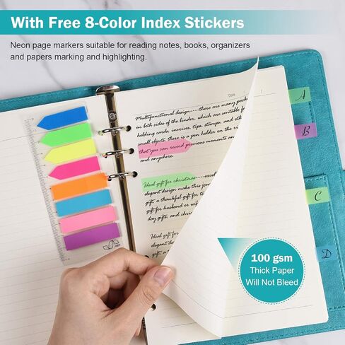 مجلة بيندر مقاس A5، دفتر ملاحظات للكتابة للأعمال مصنوع من الجلد مكون من 6 حلقات قابل لإعادة الملء، دفتر مذكرات بغلاف مقوى مع صفحة مقسمة وملصقات فهرس - أزرق in Kuwait