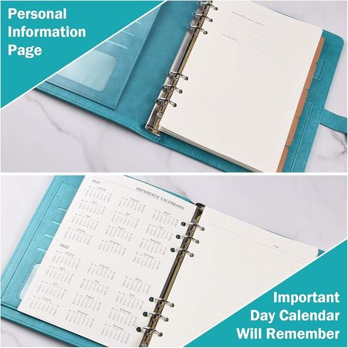 مجلة بيندر مقاس A5، دفتر ملاحظات للكتابة للأعمال مصنوع من الجلد مكون من 6 حلقات قابل لإعادة الملء، دفتر مذكرات بغلاف مقوى مع صفحة مقسمة وملصقات فهرس - أزرق in Kuwait