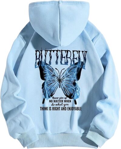 SHENHE Women's Plus Size Letter Graphic Print Drawstring Butterfly Hoodie Loose Sweatshirt in Saudi Arabia